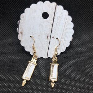 Gold and White Syringe Dangle Earrings